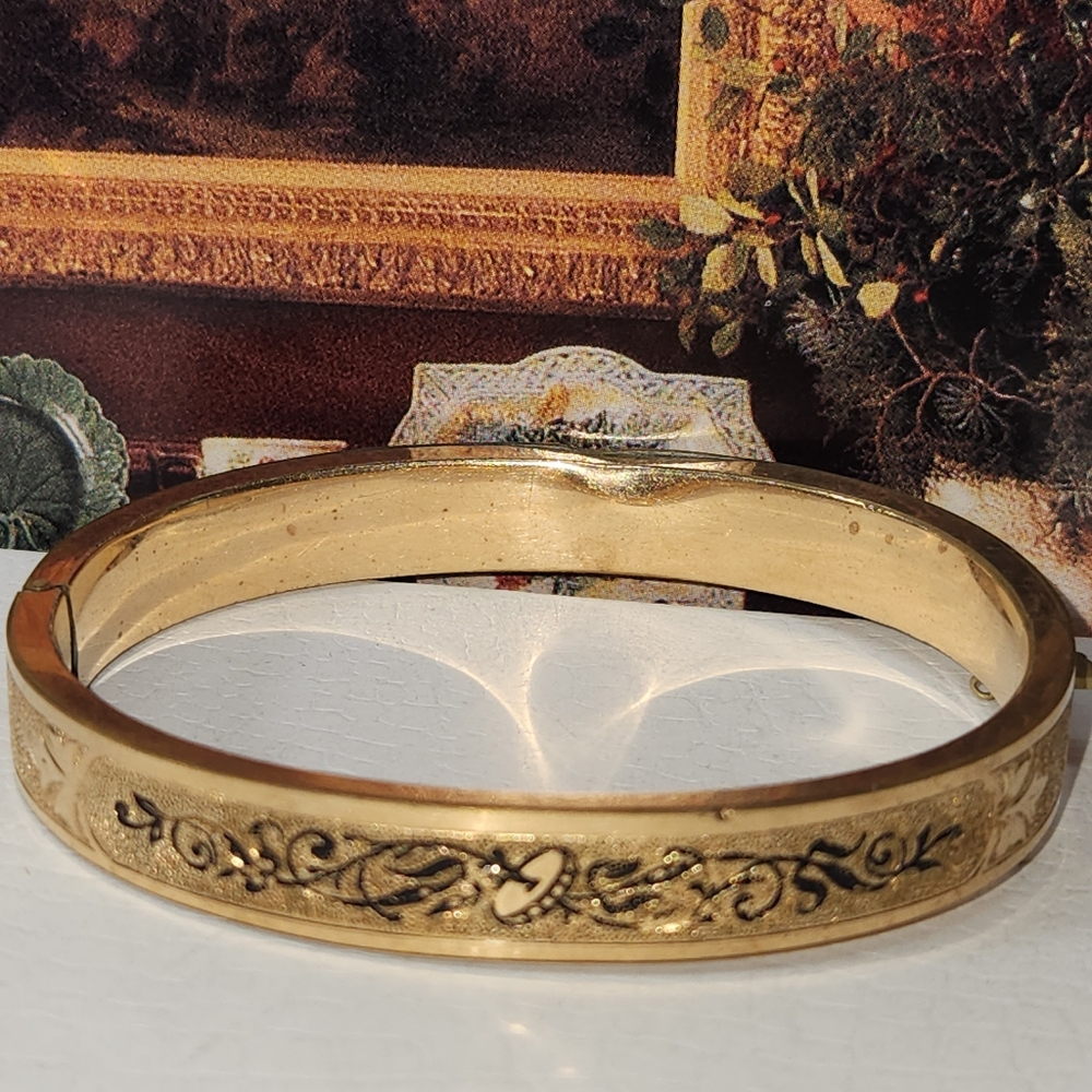 #2229, ANTIQUE VICTORIAN B&B SIGNED 1861's BLACK ENAMEL GOLD FILLED, TESTED